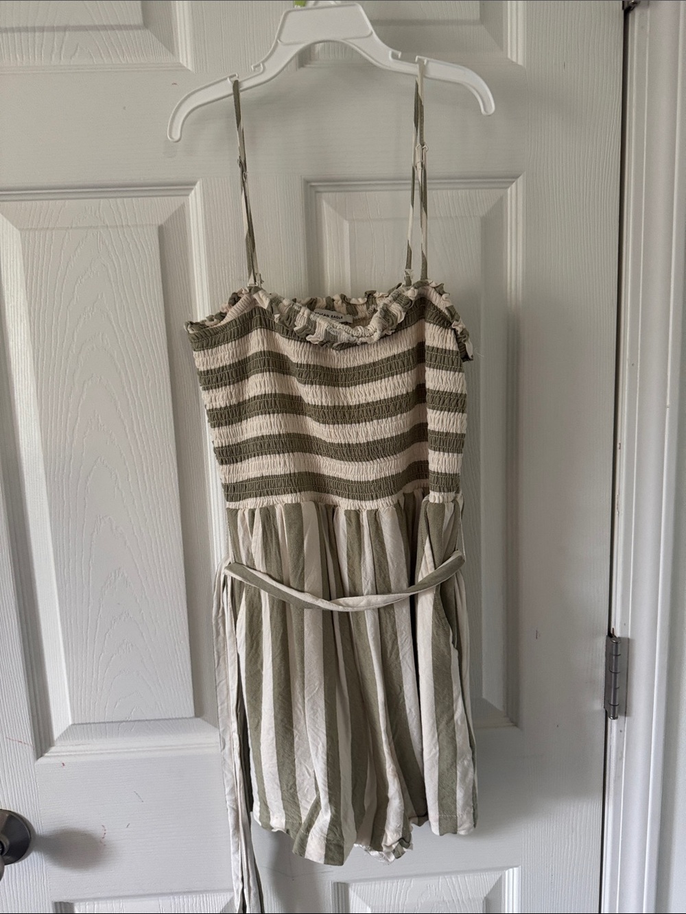 American Eagle Cream and Beige Smocked Romper with Pockets
